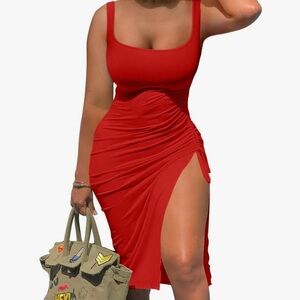 Red tie dress midi length